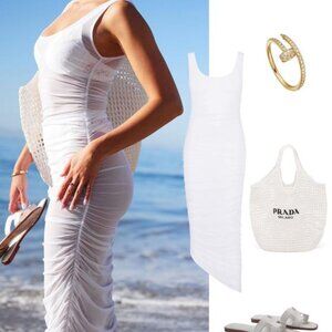 New GIGI C Stevie White Stretch Mesh Ruched Midi Dress XS $130